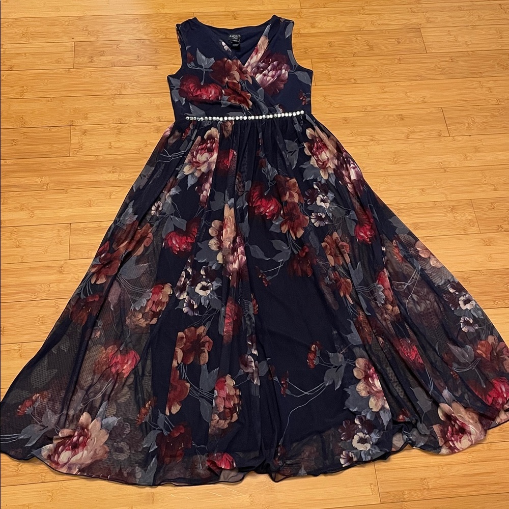 Alexa B Nites Maxi Dress Size 6 V Neck Floral Sleeveless Mesh Embellished Blue - Picture 15 of 15